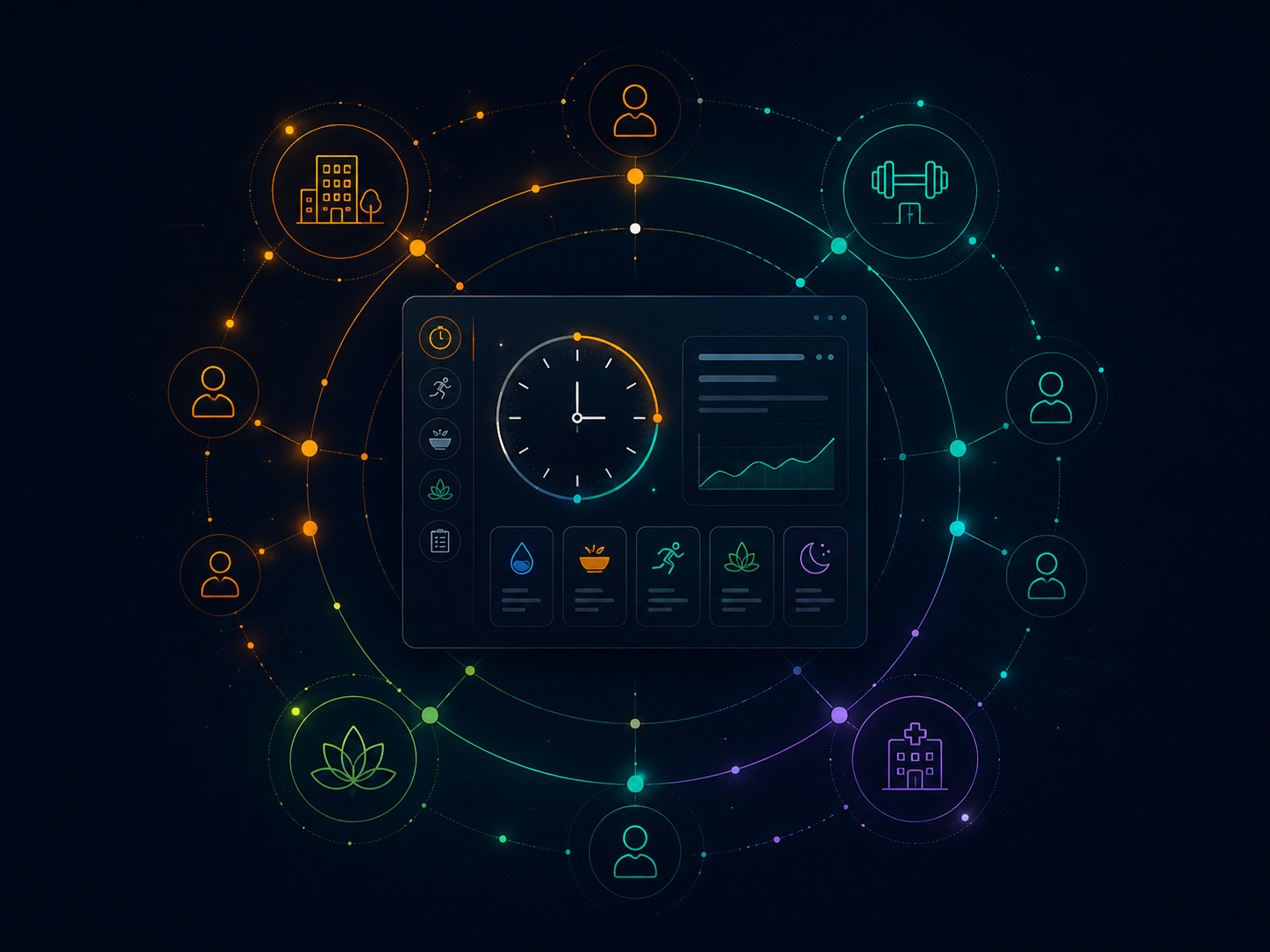 MetClock circular protocol graphic showing hydration, food, movement, and recovery timing nodes